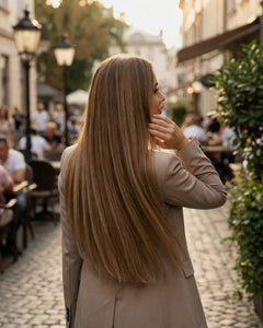 Extensiones Lisas - Castaño claro con highlights rubias#color_casta-o-claro-con-highlights-rubias