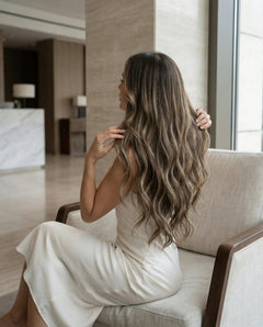Extensiones Ondas Suave - Castano Oscuro con Highlights Rubias#color_castano-oscuro-con-highlights-rubias